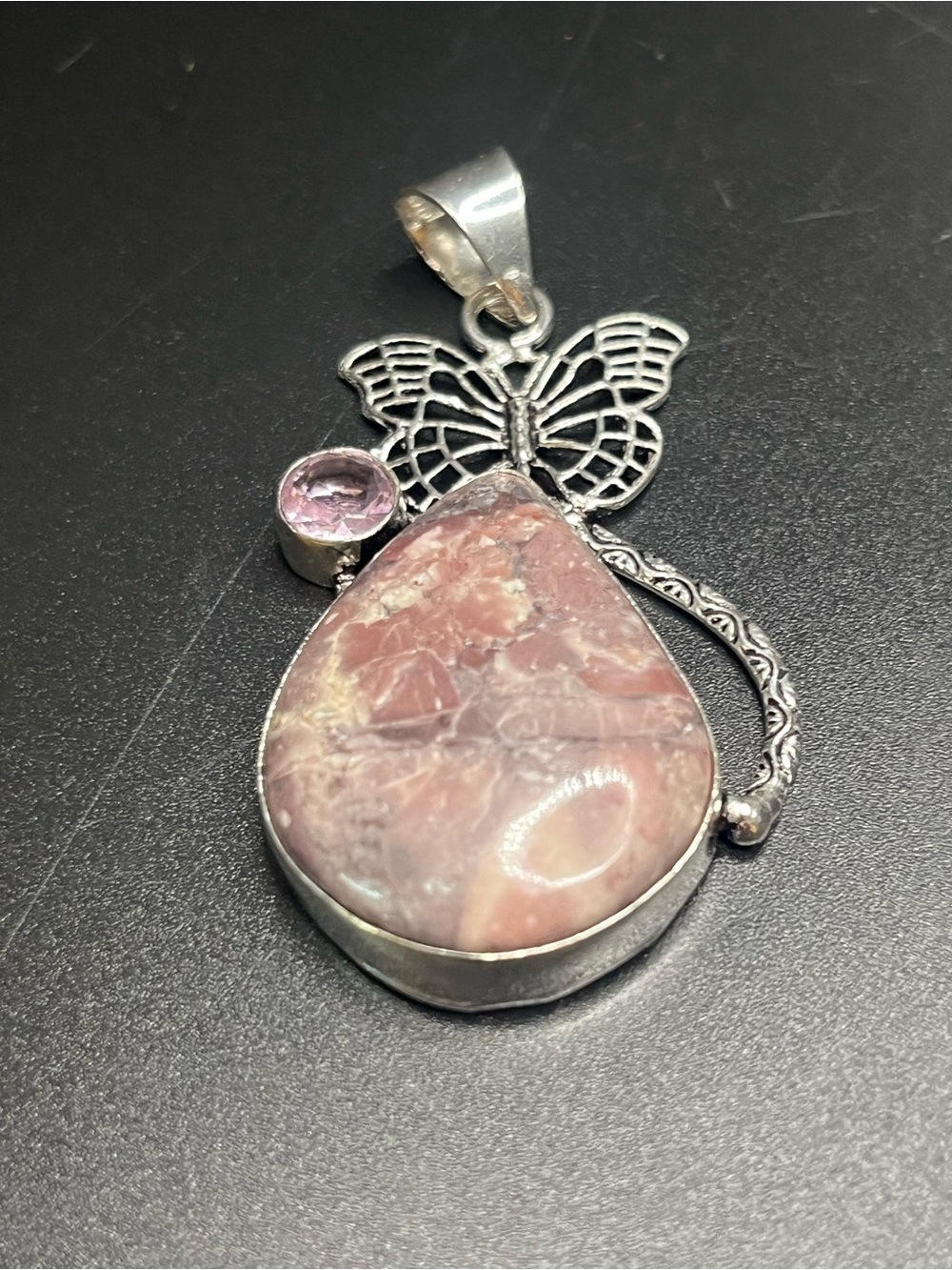 Sterling Silver 925 Pink Rhodochrosite Butterfly Pendant Artisan Natural Stone